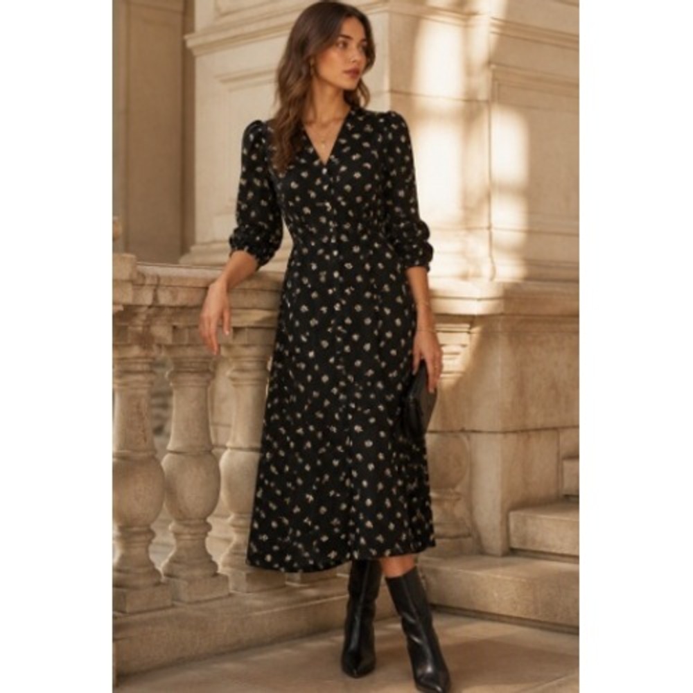 Wilfred Gallery Midi Dress Black Daisy Floral Button Front Puff Sleeve Small